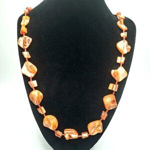 Women Necklace Pierced Earring Set Orange Mother Of Pearl Bead Adjustable Chain